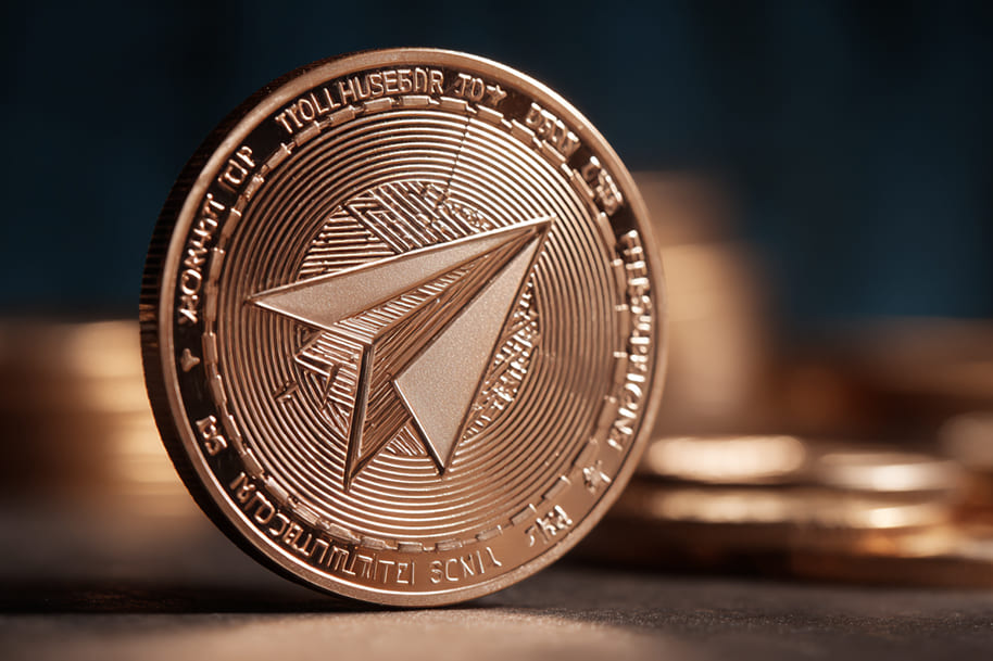 Golden TON Coin with Telegram paper plane logo representing Telegram blockchain and the rise of TON crypto in 2025, featured on EternalSlots.com.