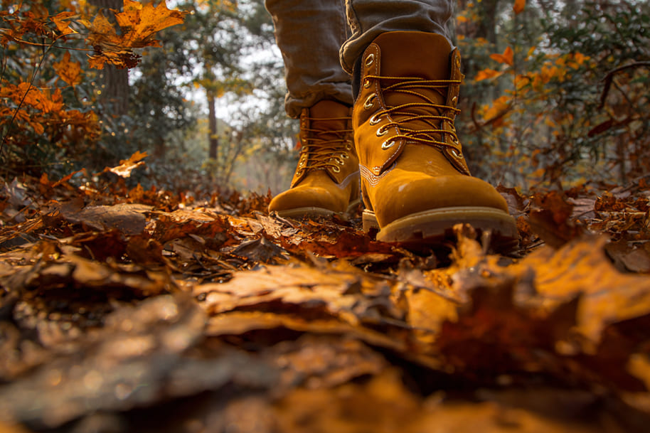 Close-up of hiking boots walking on colorful autumn leaves in a forest, symbolizing outdoor adventures and seasonal inspiration from the Eternal Slots Casino blog “Top Fall Activities to Try This October.”
