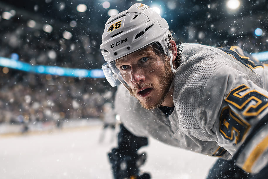 Intense ice hockey player in white and gold uniform during a high-speed game, surrounded by flying ice particles. Featured in Eternal Slots Casino’s blog post “Top NHL Players to Watch in 2025: Rising Stars and Season Favorites”, highlighting determination and elite performance in the NHL 2025 season.