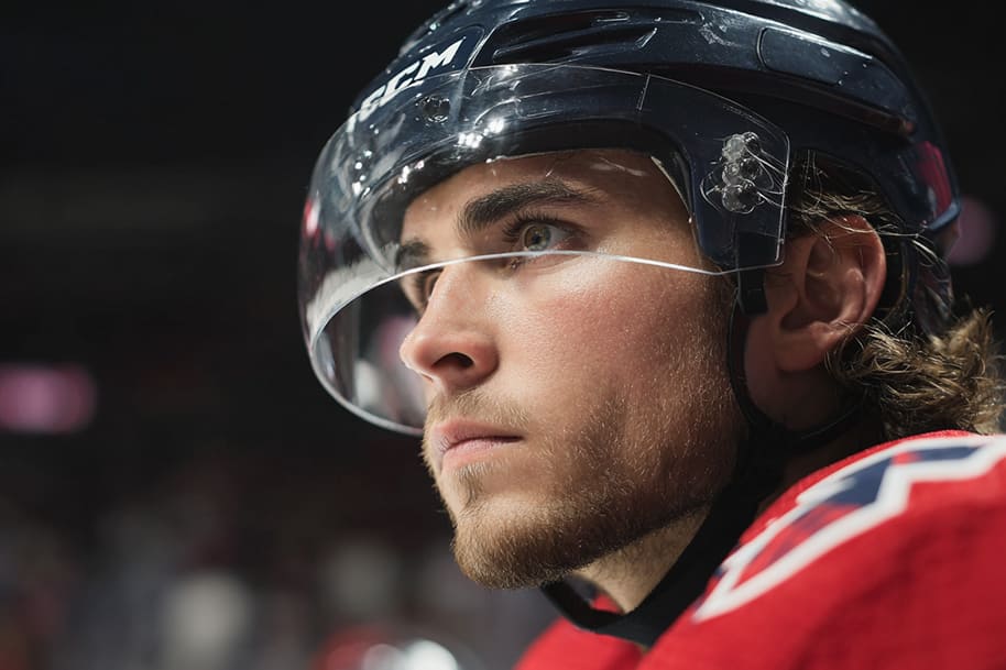 Focused ice hockey player in red jersey and black helmet preparing for action, symbolizing determination and focus. Featured in Eternal Slots Casino’s blog “Top NHL Players to Watch in 2025: Rising Stars and Season Favorites”, showcasing the intensity of the NHL 2025 season.