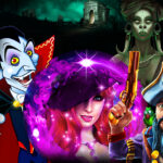 RTG Halloween slots characters including a vampire, witch, pirate, and voodoo priestess with a glowing magic orb and eerie graveyard background