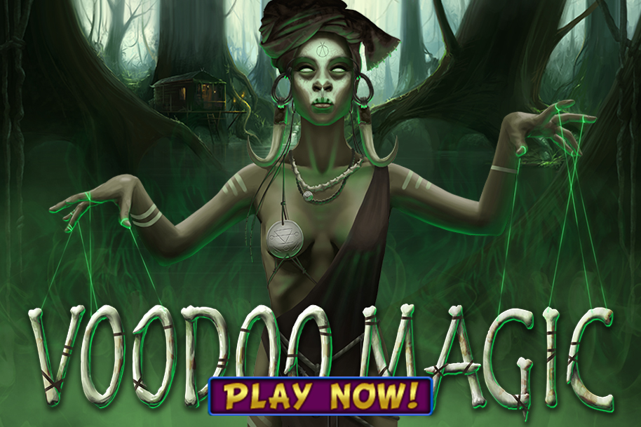 A haunting image of a mystical voodoo priestess with glowing green strings controlling magic energy, set against a dark swamp backdrop with a wooden cabin and mist — representing the RTG slot Voodoo Magic.