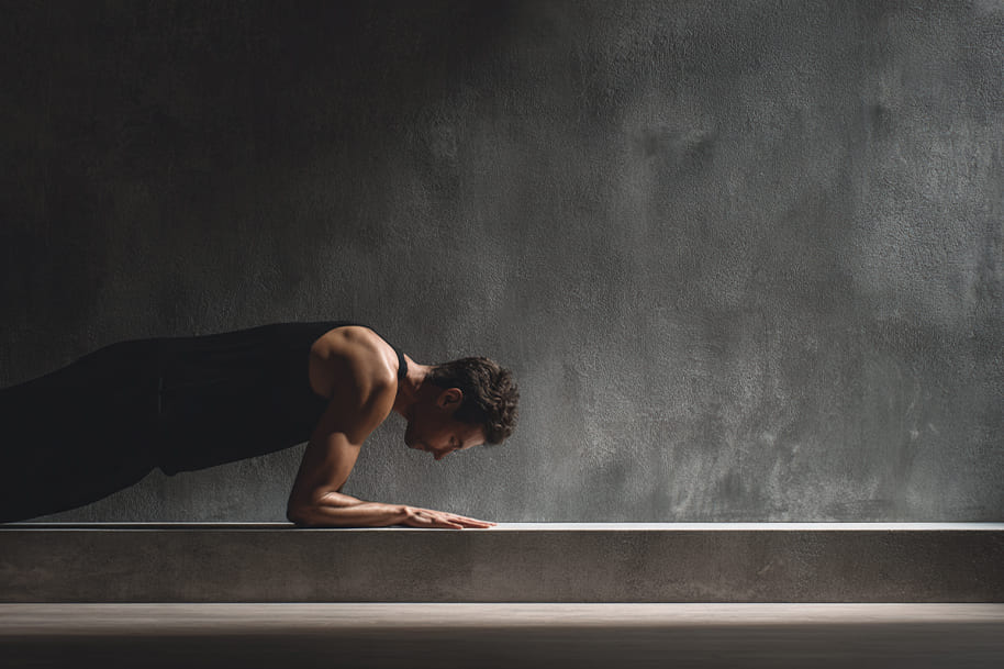 Man practicing wall Pilates plank position for core stability and body strength, part of a low-impact home workout routine.
