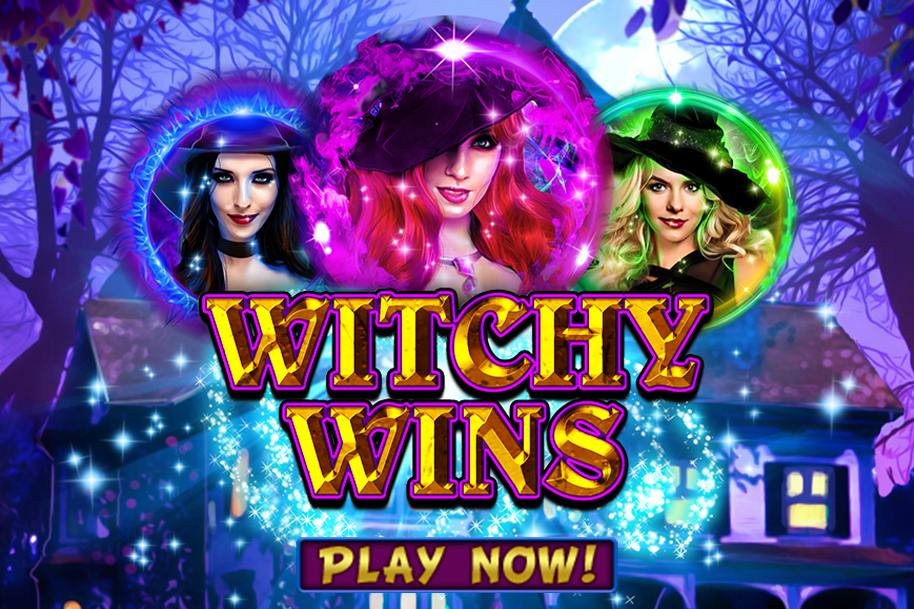 Promotional image for Witchy Wins slot game featuring three glamorous witches in colorful glowing auras against a magical forest backdrop with the text Witchy Wins – Play Now. One of RTG Halloween slots