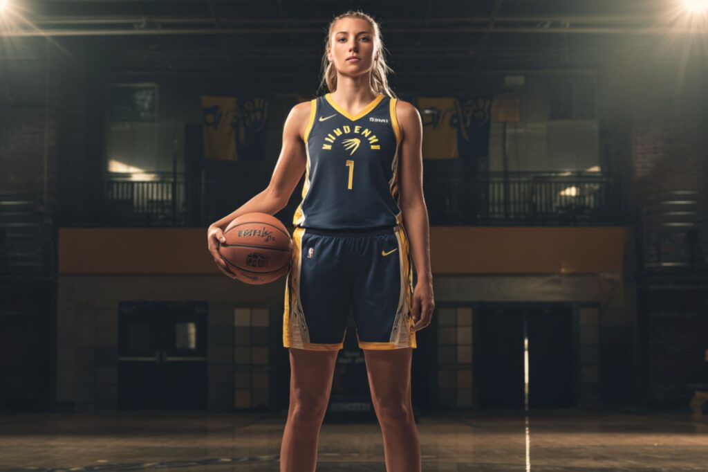 A tall female athlete stands confidently in the middle of a dimly lit basketball court, holding a basketball by her side. She wears a navy and yellow uniform, her posture strong and commanding. The background banners and beams of light give the image a cinematic, powerful atmosphere.