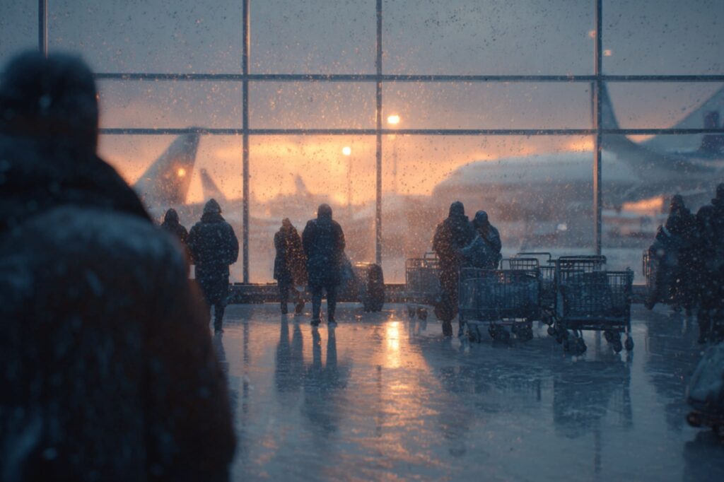 Travelers stand inside an airport terminal as snow falls heavily outside. The sunset glows through the frosted windows, casting warm light across the icy floor. People bundled in winter coats push luggage carts, waiting for delayed flights.