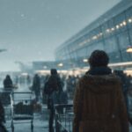 A person wearing a brown winter coat and scarf stands with a luggage cart outside a busy airport during a snowstorm. Planes and travelers blur in the background as snowflakes fill the cold, gray air.