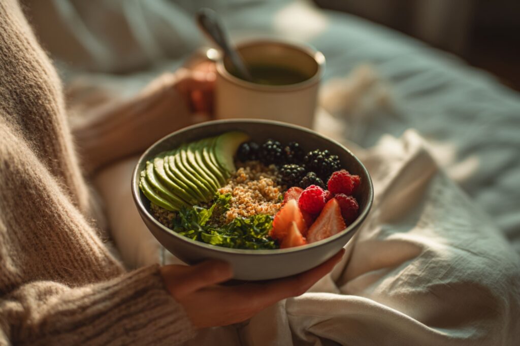 A person in a warm knitted sweater holds a healthy breakfast bowl filled with avocado, quinoa, berries, and leafy greens. The sunlight gently illuminates the fresh ingredients, highlighting the calm and mindful start to the day.