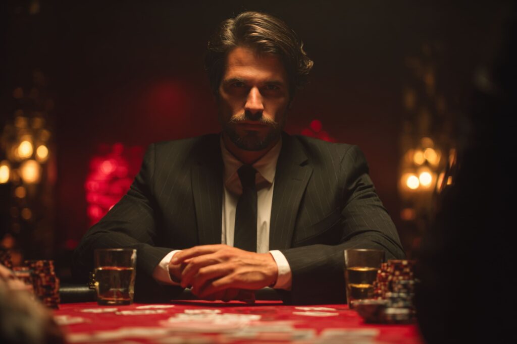 A man dressed in a pinstripe suit and tie sits at a poker table with cards, chips, and glasses of whiskey in front of him. The dramatic red and gold lighting captures the tension and glamour of a classic casino showdown.