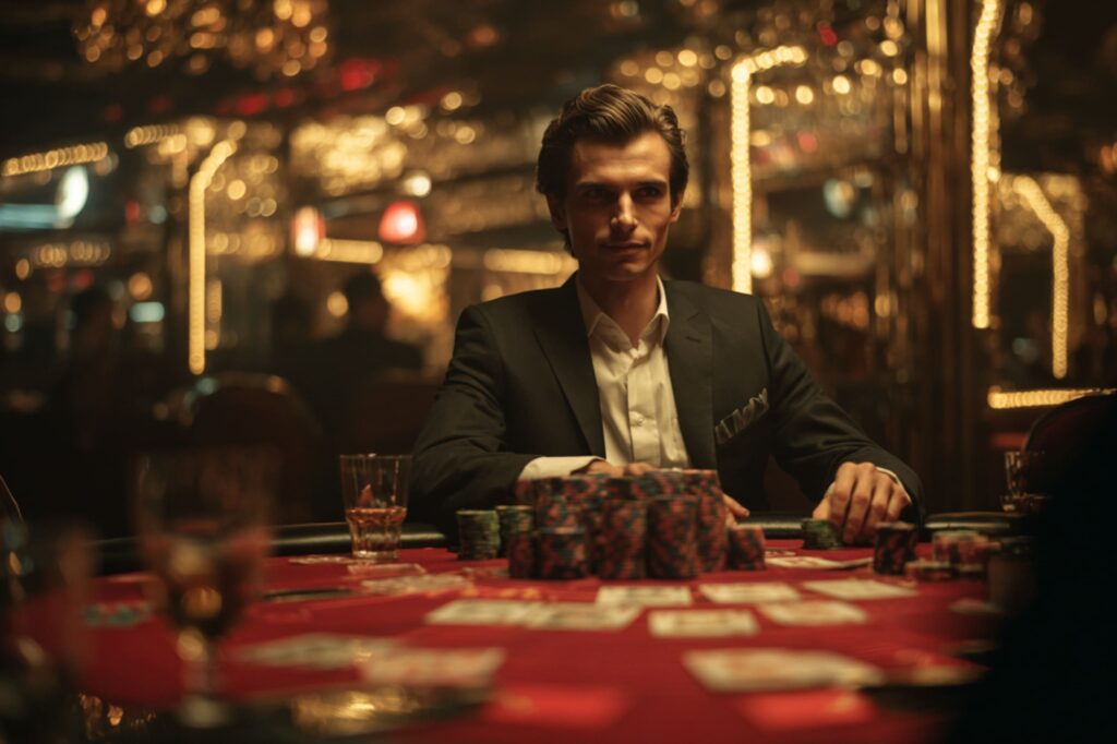 A man in a sleek black suit sits confidently at a poker table surrounded by stacks of chips and playing cards. The warm golden lights and elegant background suggest a luxurious casino atmosphere filled with focus and intensity.