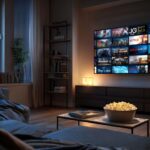 A modern apartment living room at night with a big-screen TV showing various streaming platforms such as Netflix and Disney+. A comfortable sofa, soft lighting, and a bowl of popcorn set the perfect mood for binge-watching favorite shows.