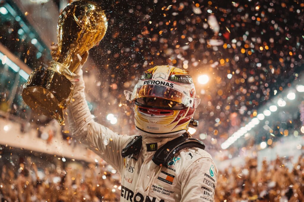A Formula 1 driver in a full racing suit and helmet celebrates a championship victory, holding up a large golden trophy as confetti rains down. The background is filled with bright lights and cheering fans, capturing a triumphant moment on the podium.