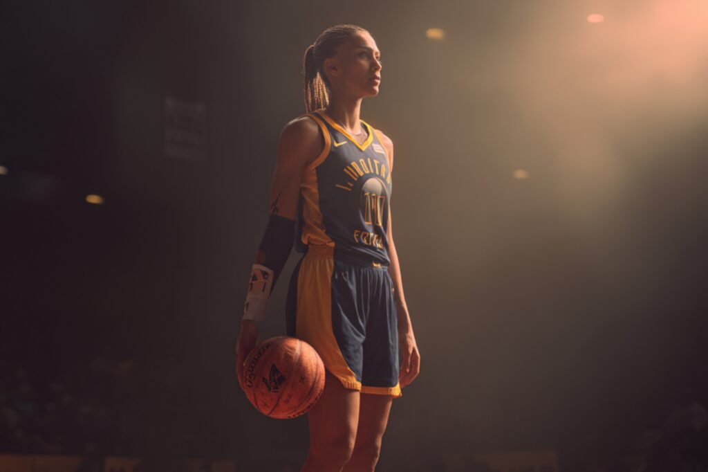 A basketball player stands on the court with a calm yet fierce expression, illuminated by a warm spotlight cutting through a smoky arena. Dressed in a blue and yellow uniform, she grips the basketball in one hand, exuding focus and readiness before the game begins.
