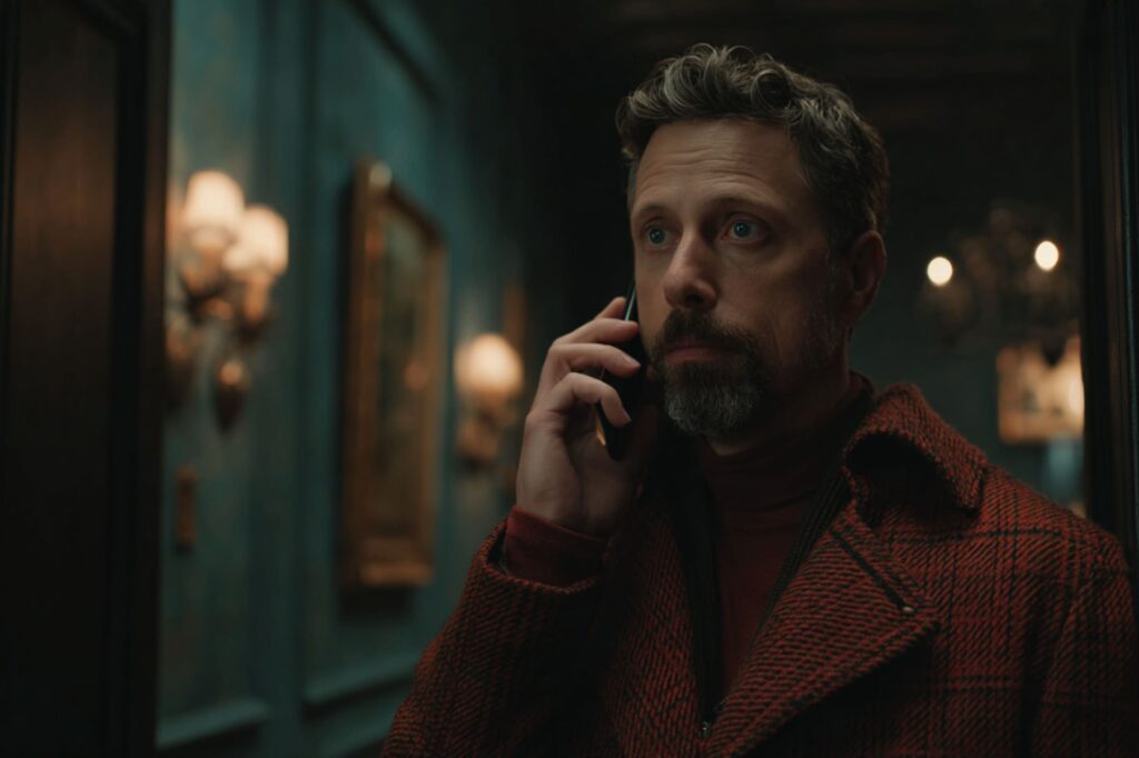 A man wearing a red plaid coat stands indoors, holding a phone to his ear with a serious expression. The dim, cinematic lighting and vintage decor in the background give the scene a mysterious, dramatic vibe.