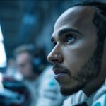 A close-up of a Formula 1 driver in a racing garage, deep in concentration before a race. The cool-toned lighting and blurred background highlight the intensity and focus of pre-race preparation.