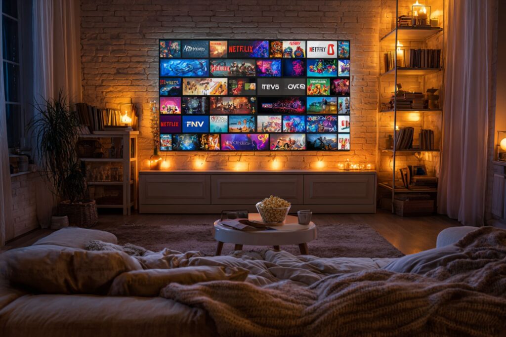 A cozy living room illuminated by warm candlelight, with a large TV displaying multiple streaming platforms like Netflix and Disney+. A bowl of popcorn sits on the coffee table, creating the perfect atmosphere for a relaxing movie night at home.
