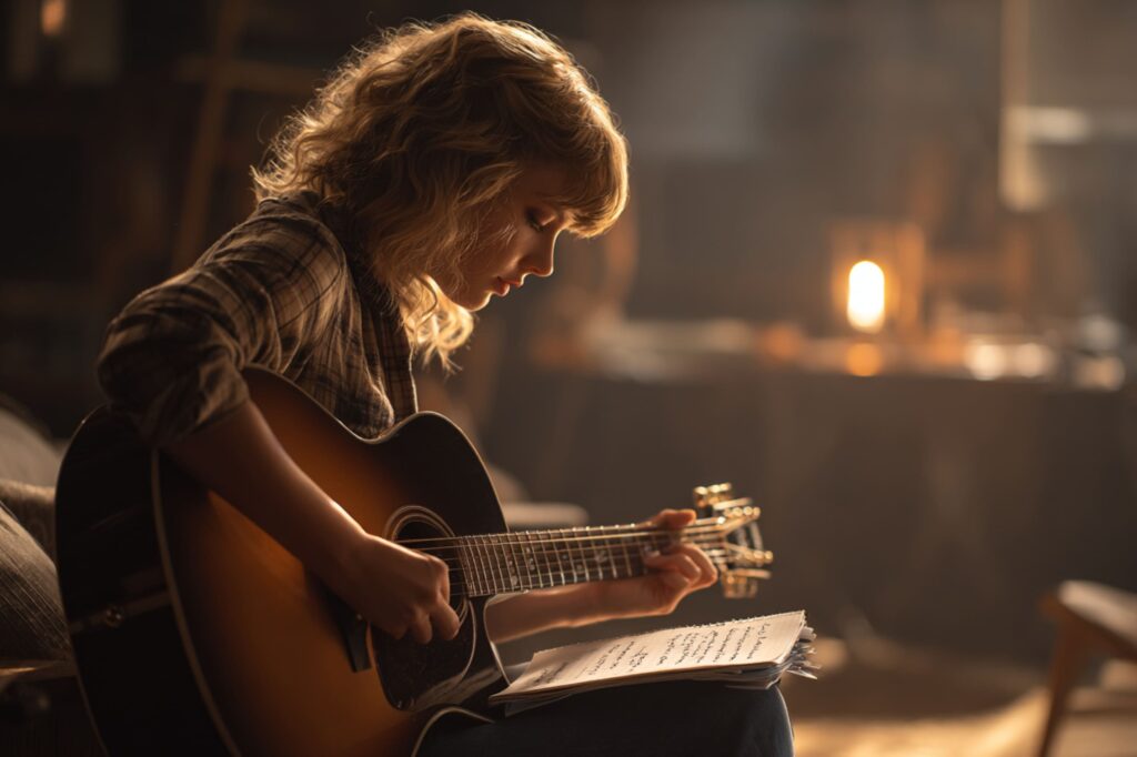 A woman plays an acoustic guitar while reading lyrics from a sheet of paper in a softly lit room. The warm tones and focused expression suggest a moment of deep connection with her music.