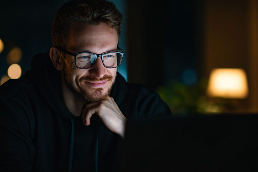 A man wearing glasses smiles while looking at his computer screen in a dimly lit room. The warm background light suggests he’s enjoying an online gaming or casino experience.