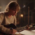 A woman in a soft sweater writes song lyrics in a notebook while holding an acoustic guitar. Surrounded by warm, gentle lighting, she appears fully immersed in the process of composing music.