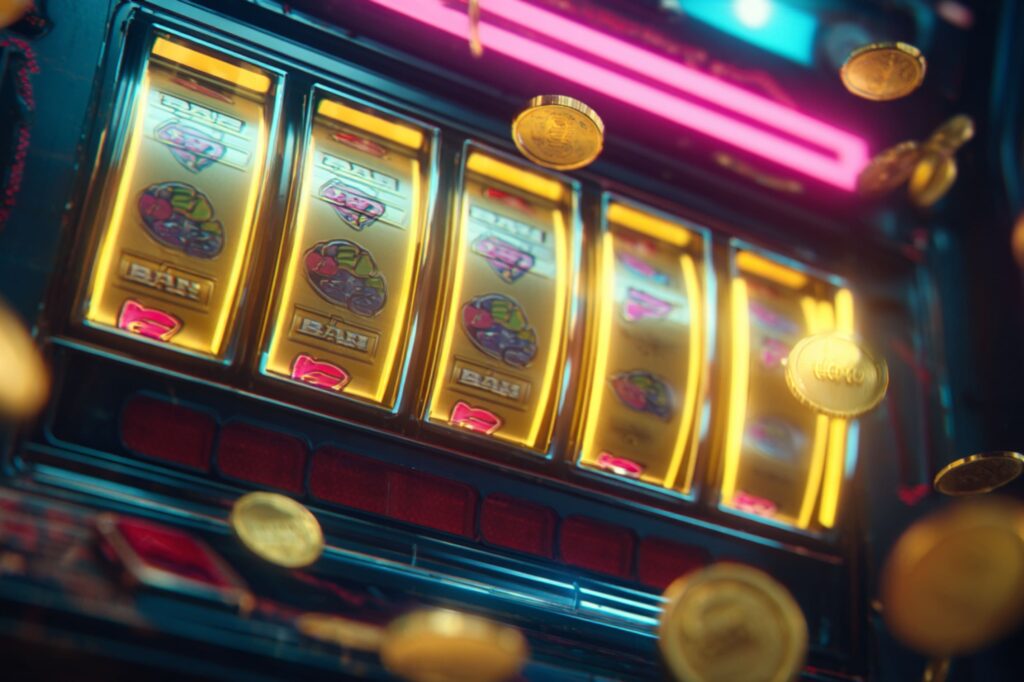 A vibrant view of a slot machine with spinning reels showing fruit symbols and golden coins flying around. The colorful lights and motion create a thrilling sense of energy and anticipation.