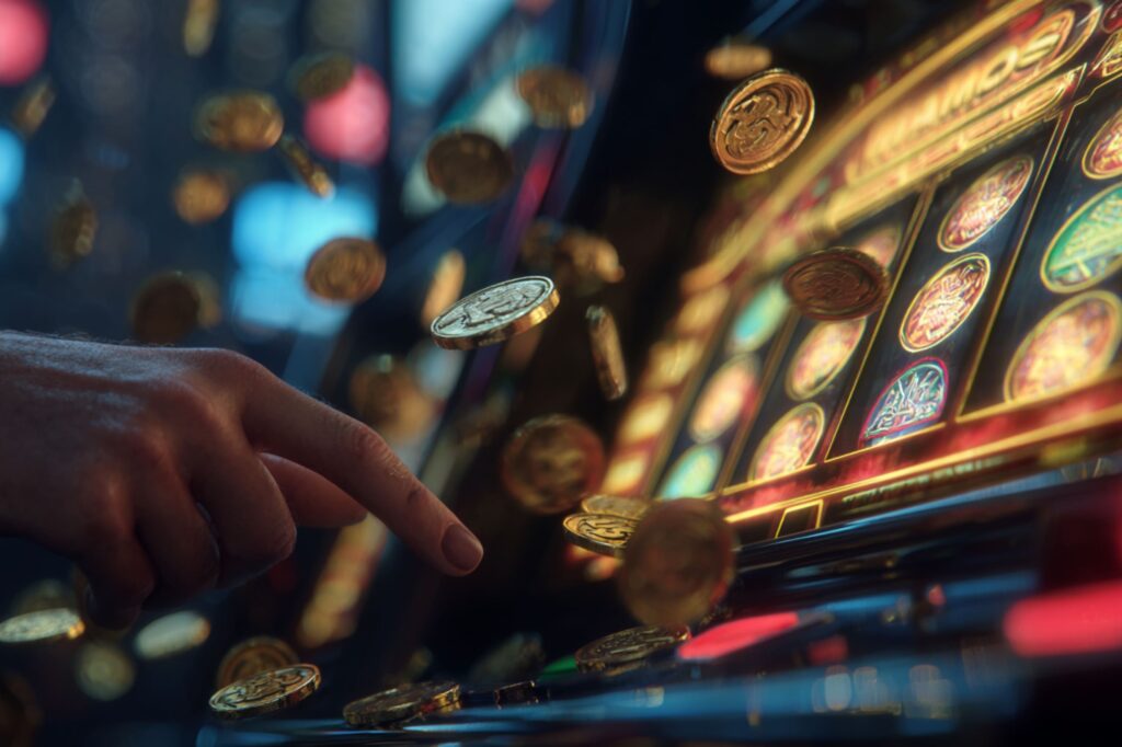 A close-up of a player’s hand reaching toward a glowing slot machine as golden coins burst into the air. The bright lights and motion blur capture the excitement of a big win moment in a casino.
