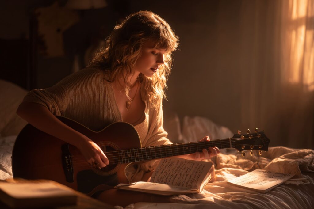 A woman sits on a cozy bed, bathed in warm golden light, strumming an acoustic guitar while looking at handwritten lyrics in an open notebook. The intimate, creative atmosphere reflects inspiration and emotion in the songwriting process.