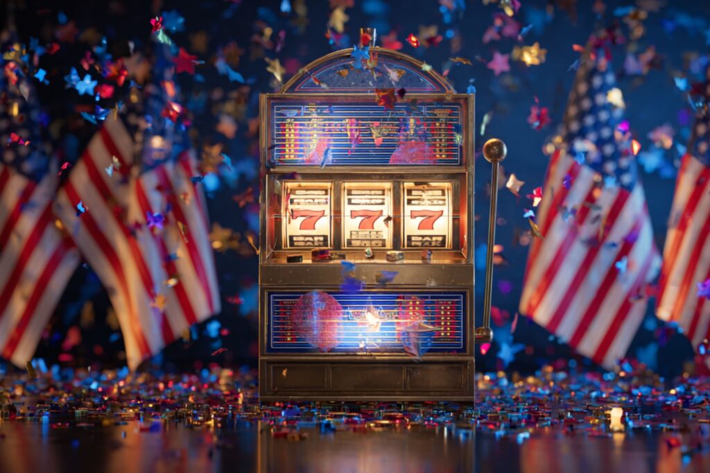 A slot machine showing triple sevens sits among waving American flags and sparkling confetti. The red, white, and blue color scheme highlights a sense of victory, pride, and celebration tied to Veterans Day casino rewards.