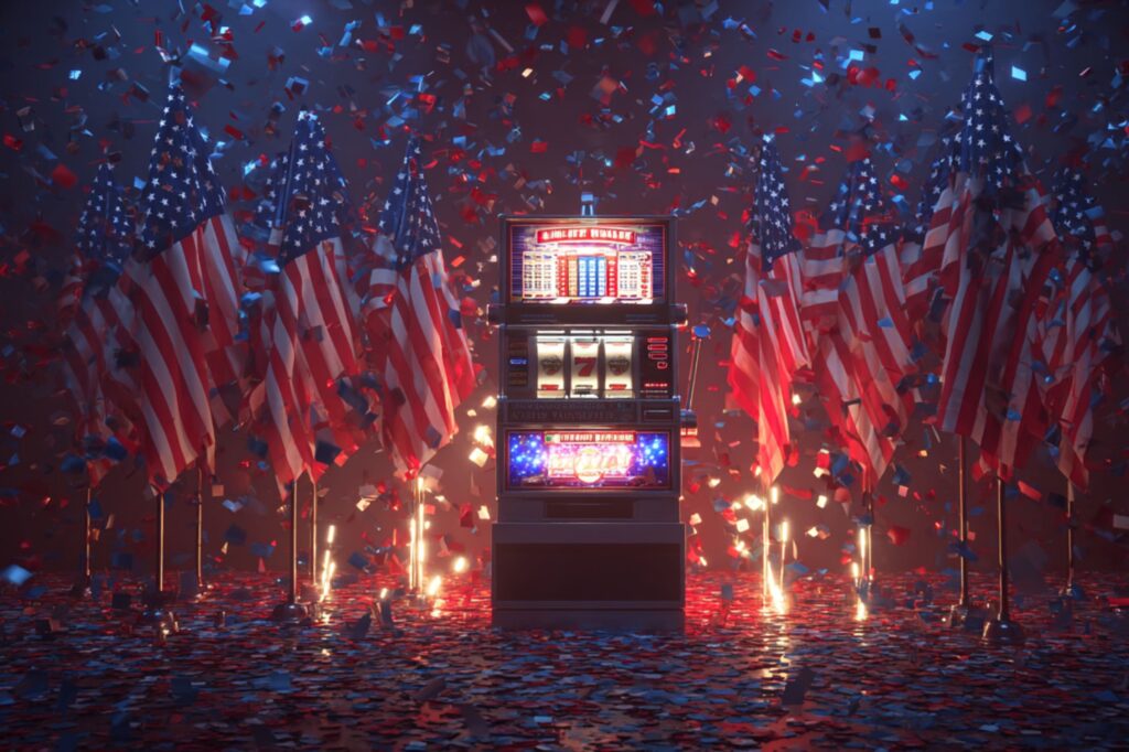 A slot machine stands in the center of a stage surrounded by multiple American flags and bursting fireworks. Red, white, and blue confetti fills the air, symbolizing a festive Veterans Day celebration in a patriotic casino setting.