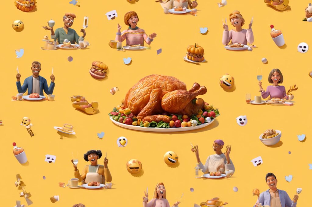 A cheerful, cartoon-style Thanksgiving scene featuring a roasted turkey surrounded by happy people, emojis, and social media icons on a bright orange background. The image captures the joyful and social side of Thanksgiving celebrations online.
