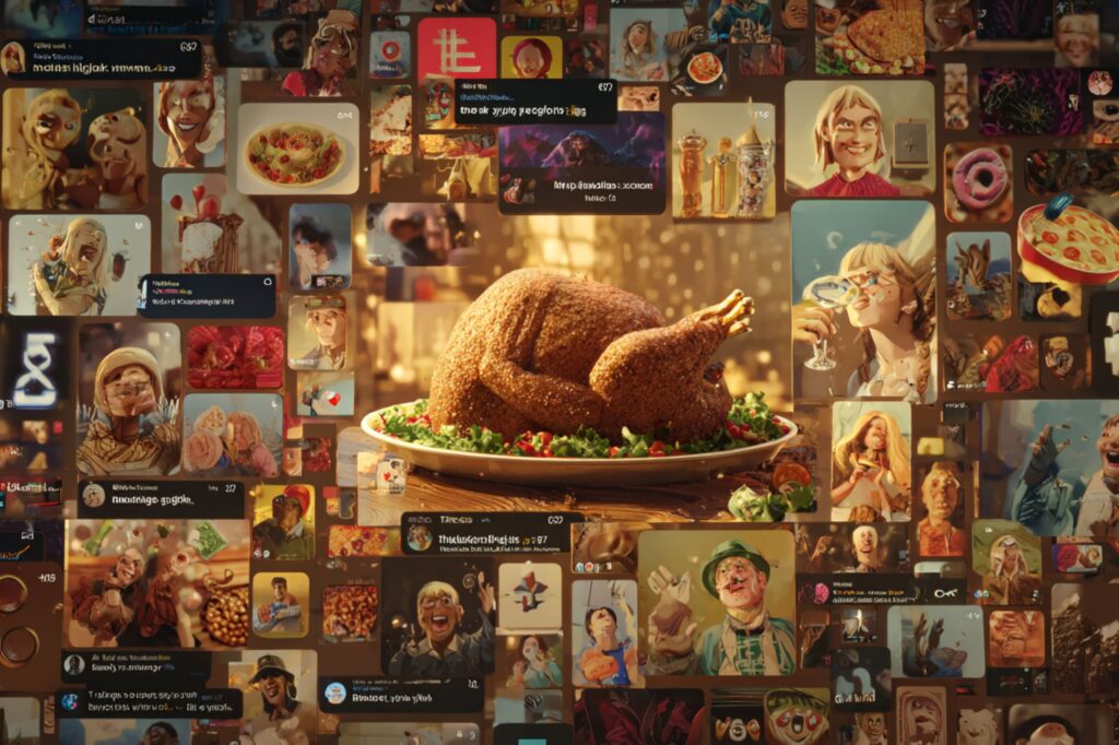 A roasted Thanksgiving turkey sits on a table while countless digital posts, images, and comments fill the background. The scene illustrates how Thanksgiving takes over social media, with people sharing food, memes, and festive moments online.