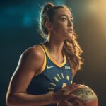A female basketball player stands under dramatic lighting, holding the ball close and looking determinedly toward the hoop. Her athletic build, glistening with sweat, captures the intensity of the moment. She’s wearing a blue and yellow jersey, the light highlighting her focus and confidence.