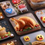 A close-up of Thanksgiving dishes displayed like social media posts, featuring a golden-brown turkey, emojis, and reaction icons. The image playfully merges Thanksgiving dinner with the digital world of likes and shares.
