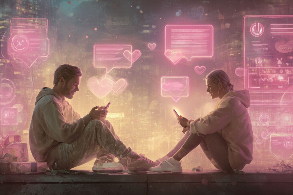 A cozy urban night scene with a couple facing each other, texting on their phones. Pink holographic chat bubbles filled with hearts and messages hover around them, reflecting the connection of love through technology.