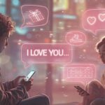 A romantic digital scene showing a young couple sitting across from each other, both texting on their phones. Neon pink chat bubbles float between them with messages like “I LOVE YOU,” heart icons, and gift symbols—capturing the warmth of online love in a dreamy city atmosphere.