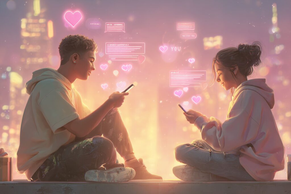 Two people sitting together in a glowing sunset cityscape, smiling as they exchange texts filled with pink neon hearts and love messages. The soft lighting and floating chat icons symbolize a modern, digital-age romance.