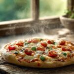 A hot Margherita pizza rests on a wooden surface by the window, with steam gently rising into the air. The golden crust looks perfectly crisp, topped with melted cheese, cherry tomatoes, and basil. Soft natural light enhances the fresh, homemade feel of the scene.