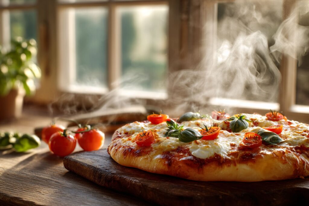 A freshly baked homemade pizza sits on a rustic wooden board, still steaming hot from the oven. Melted mozzarella glistens on top, surrounded by juicy cherry tomatoes and fresh basil leaves. Sunlight pours in through the nearby window, giving the scene a cozy, warm kitchen atmosphere.