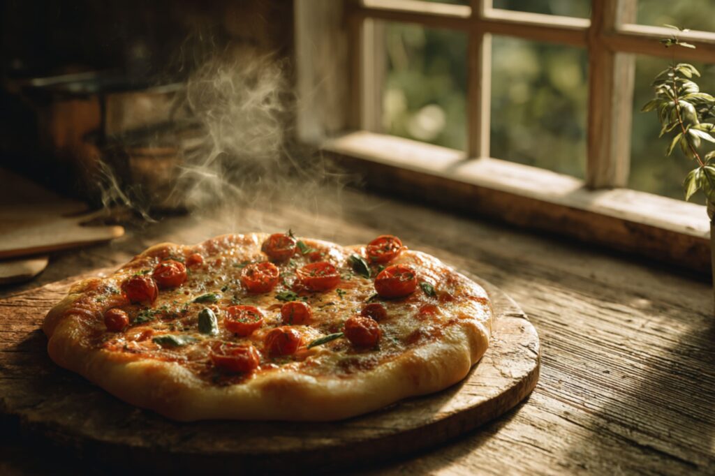 A steaming pizza with cherry tomatoes and melted cheese sits on a round wooden board near a sunlit window. The rustic background and warm lighting create a comforting, homey vibe as if it just came out of a traditional oven ready to be served.