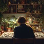 A person sits at a wooden desk surrounded by lush indoor plants and books, focusing on assembling a puzzle. The soft lighting and natural greenery give the space a serene, creative, and slightly rustic vibe.