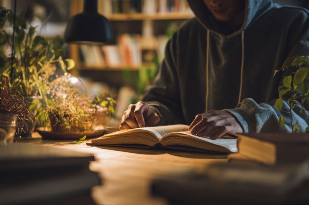 A person in a gray hoodie studies a book under a warm desk lamp, with green plants and books nearby. The soft evening light and shadows create a peaceful, introspective environment ideal for late-night reading or learning.