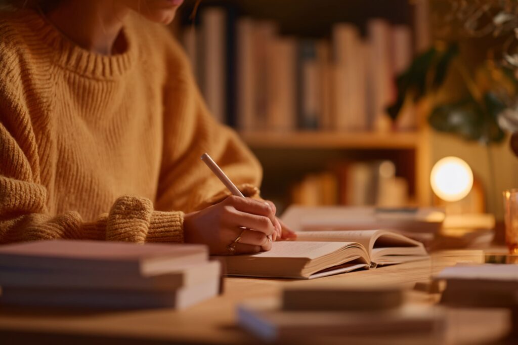 A person wearing a cozy brown sweater writes in an open notebook at a wooden desk surrounded by books. Warm light from a lamp softly illuminates the scene, creating a calm and focused atmosphere perfect for studying or journaling.
