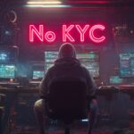 A person wearing a hoodie sits in front of multiple computer monitors in a dimly lit room with neon lights. The bright red neon sign above reads “No KYC,” while cryptocurrency logos for Bitcoin and Ethereum glow on nearby screens. The scene evokes an underground, high-tech atmosphere often associated with anonymous crypto trading or cybersecurity.