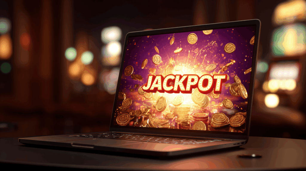 A laptop on a casino table displaying a bright “Jackpot” screen with exploding gold coins in the background featuring how to choose an online casino