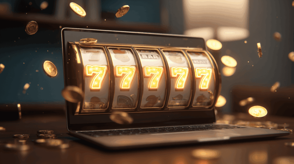 A laptop displaying glowing slot machine reels landing on triple sevens as gold coins explode around the screen.