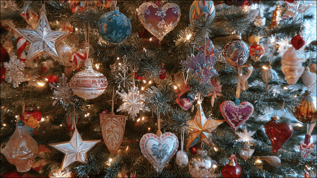 Christmas tree decorated with a wide variety of colorful ornaments, including stars, hearts, snowflakes, and hand-painted baubles, all illuminated by warm festive lights. Christmas online casino promotion at Eternal Slots.