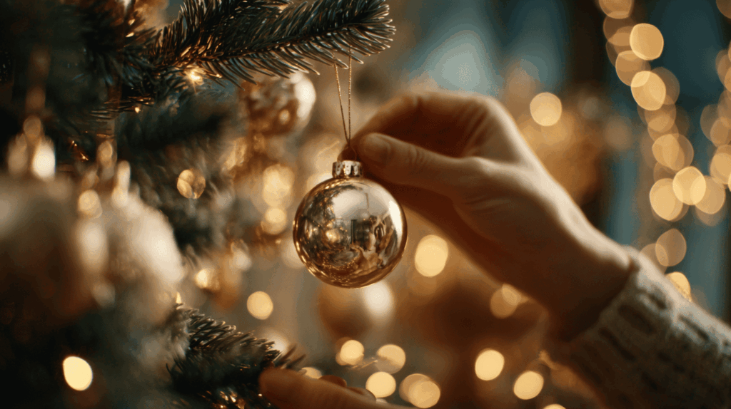 Close-up of a person’s hand hanging a shiny gold Christmas ornament on a decorated tree, surrounded by warm festive lights and soft holiday bokeh in the background.