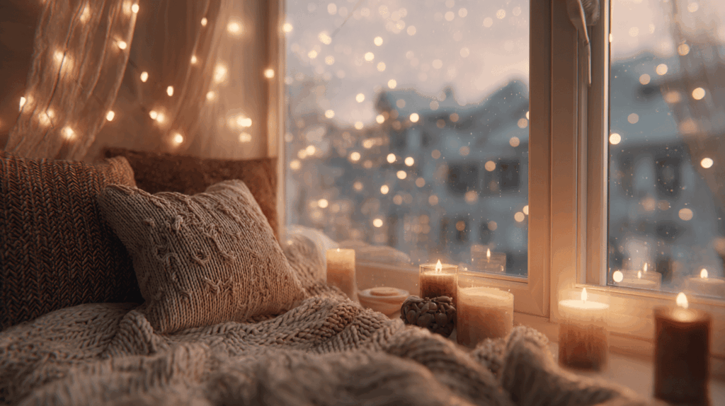 Cozy bed next to a window 
