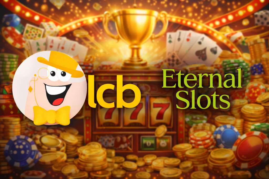 LCB Awards and Eternal Slots Casino branding with trophy, slot machine, casino chips, and cards celebrating the Members Choice Award 2025.