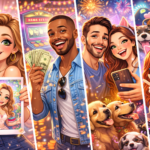 Colorful AI caricature illustration showing people transformed into playful cartoon characters in vibrant, lifestyle scenes, representing the ChatGPT caricature trend.