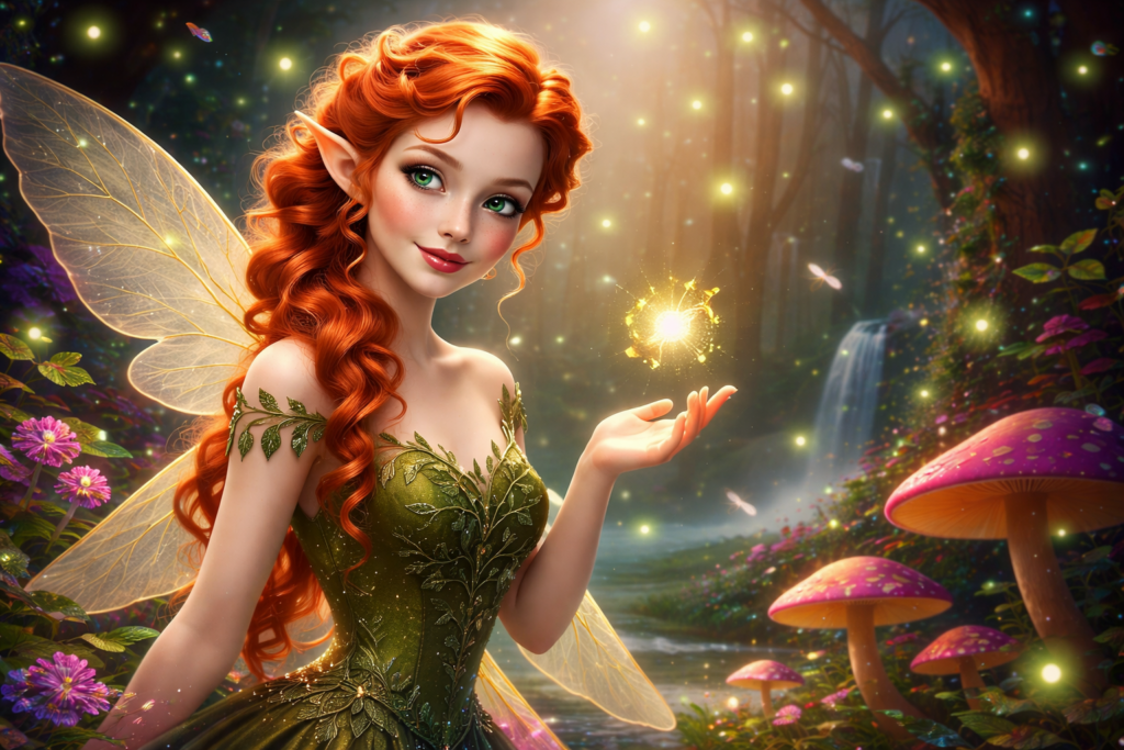 AI-generated fairy illustration with glowing wings in a magical forest, representing fantasy-style character creation using AI.